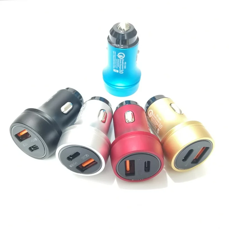 18W PD Fast Charge QC3.0 Car Charger Aluminum Alloy Multi-function Dual Output Car Charger