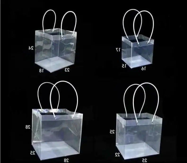 Transparent Square Bags with Pvc Rope Flower Gift Packing Shopping Boutique Carrier Soft Pvc Handle Pounch Wholesale