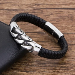 TYO Charm Genuine Leather  Black Stainless Steel Magnetic hk Bracelet Men  Birthday Gift For  boy friend