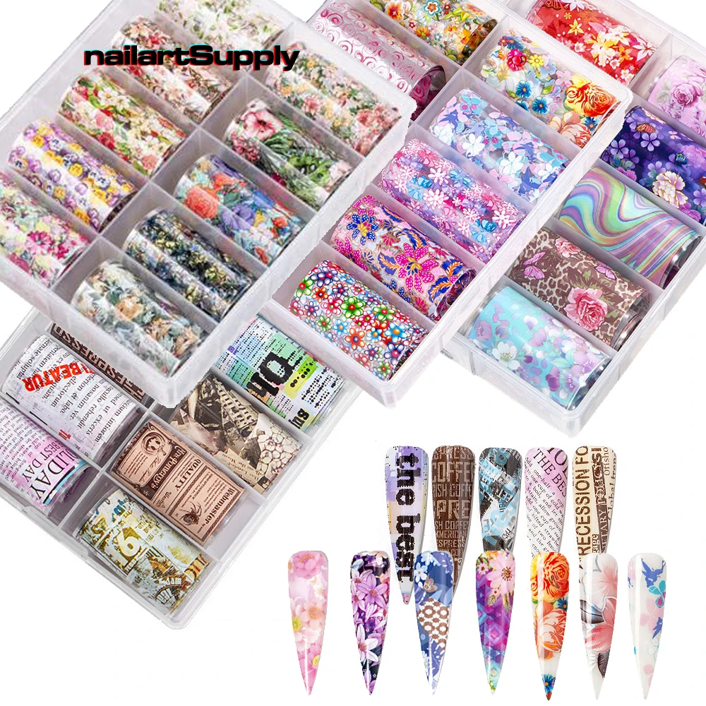 

10 Design/Lot Nail Transfer Foil Nail Art Decal Box Flowers Adhesive Nails Stickers Decor Newspaper/Butterfly/Leopard FoiL 34#2