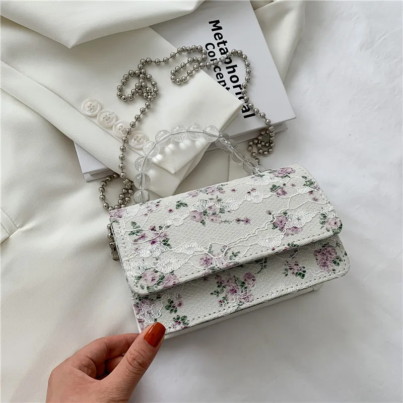 Fashion Women Net Yarn PU Leather Shoulder Bag Flower Lace Embroidery Crossbody Bag Casual Ladies Pearl Chain Mini Flap Bag