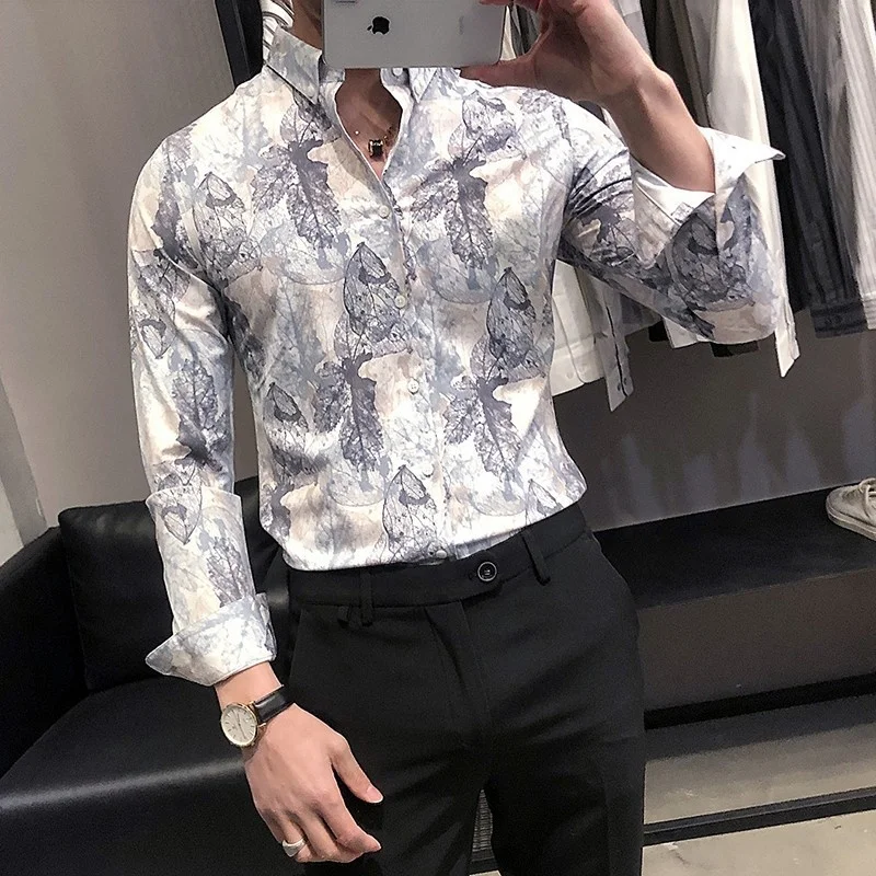 Mens Fashion Spring Summer Floral Printed Casual Shirts Business Man Office Work Long Sleeve Tops Party Slim Fit Shirts M-4XL