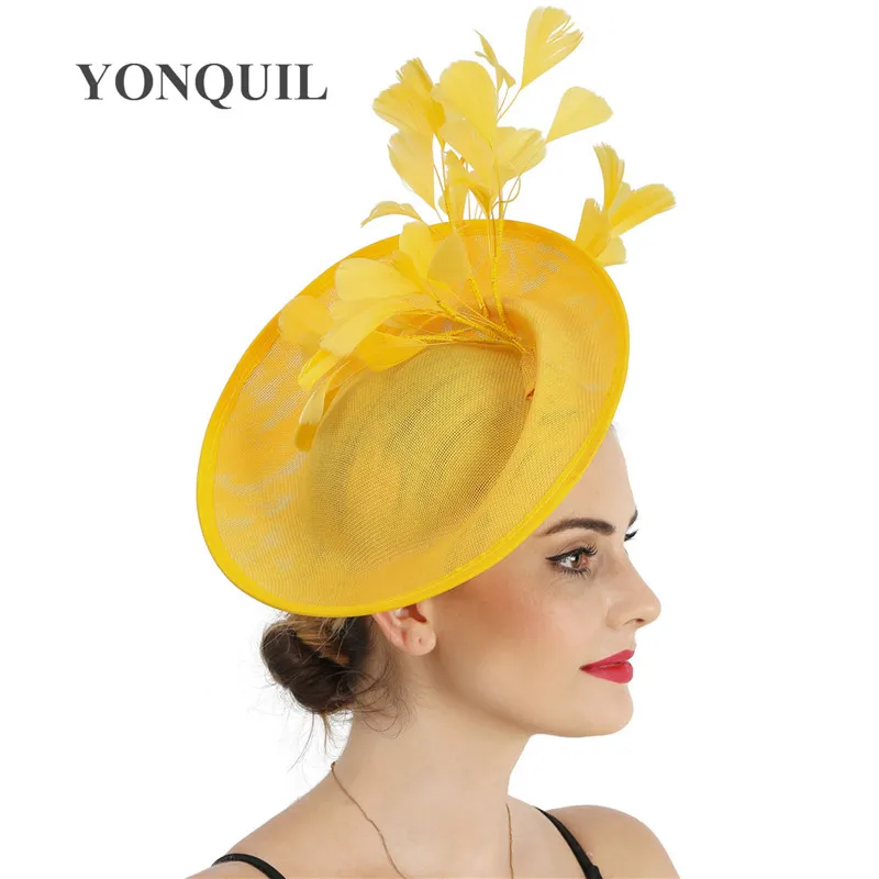 

Women Yellow Big Fasciantor Hats Headbands Ladies Headwear With Fancy Feather Hair Accessories Ladies Party Dinner Millinery Cap