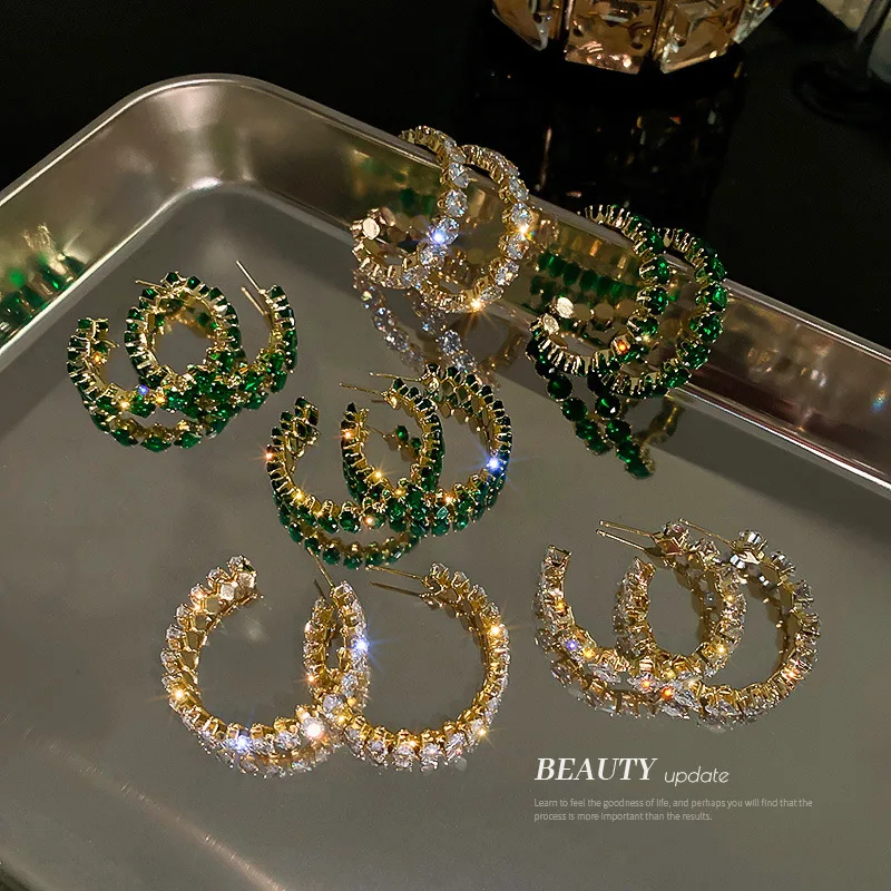 Brincos de zircão em forma de C para mulheres, boa qualidade, aros brilhantes, joia de festa de luxo, verde