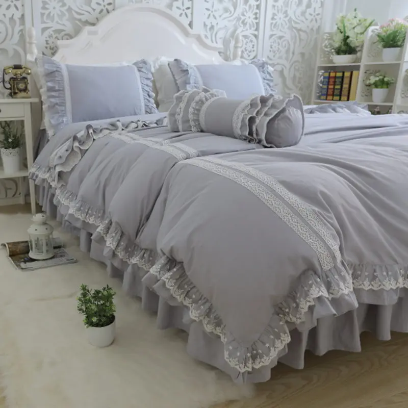 Top luxury bedding set light embroidery ruffle lace gray duvet cover bed sheet bedspread princess bed queen pillowcase HM-05S