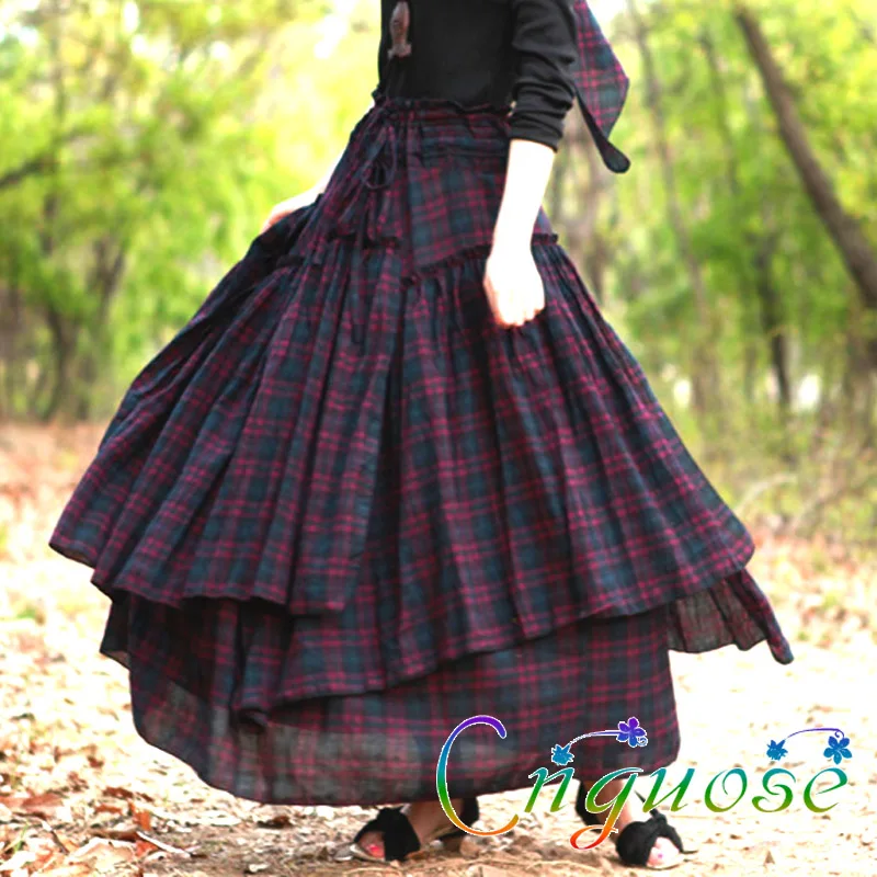

2019 Plus Size 6XL Spring Autumn Female Vintage Casual Lattice Plaid Cotton Retro purple Long Skirt designs / Tutu Skirts Womens
