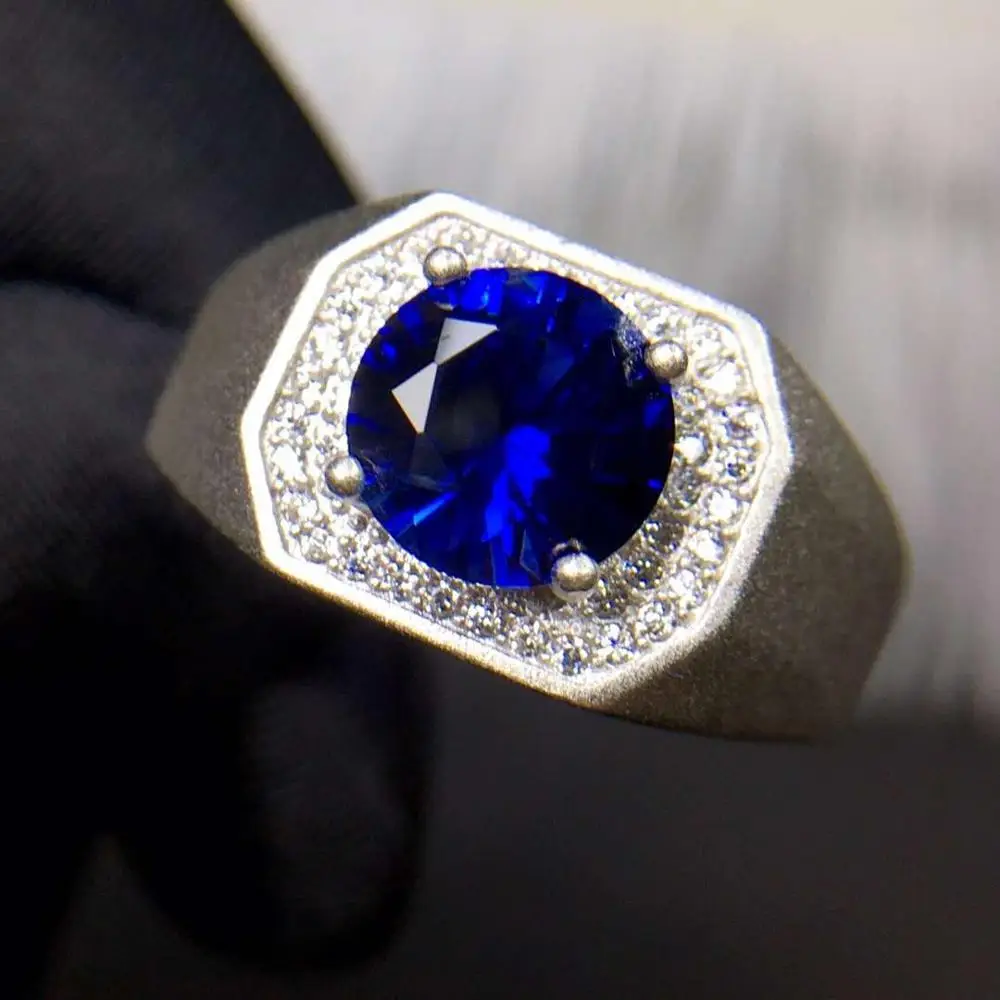 newest man muscular power ring blue gem sapphire ring  adjustable size 8 mm*8 mm gem ocean blue color real 925 silver man gift