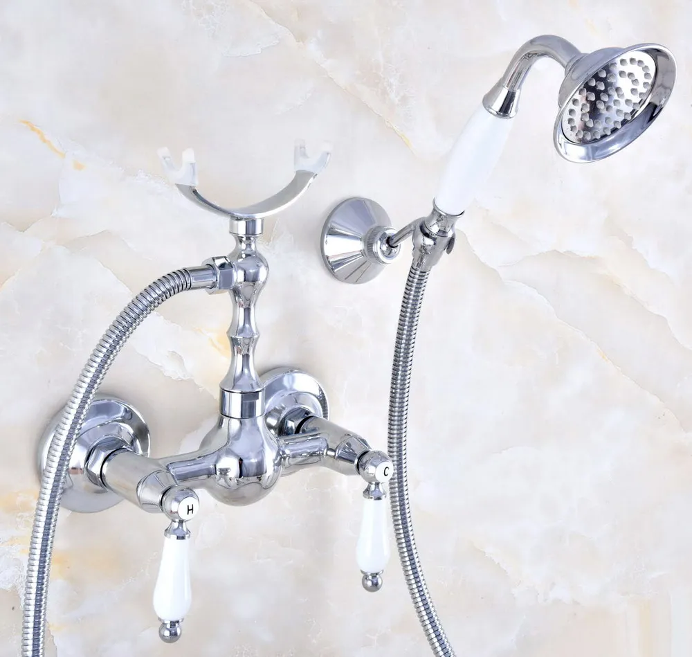 

Modern Silver Chrome Brass Wall Mount Bathtub Faucet with Handheld Shower Set +1.5M Hose Mixer Tap 2na744