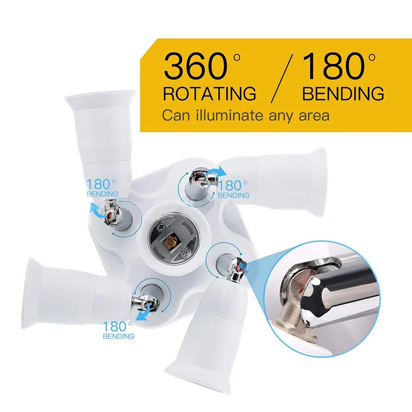 5 em 1 soquete de luz divisor e26 e27 adaptador conversor titular para lâmpadas led padrão 360 graus rotação 180 graus dobrável