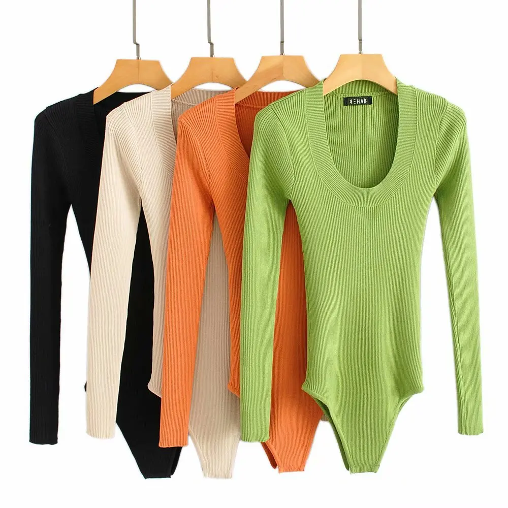 

one piece women Knitted Solid U neck long sleeve black green beige orange bodysuit bodycon jumpsuit