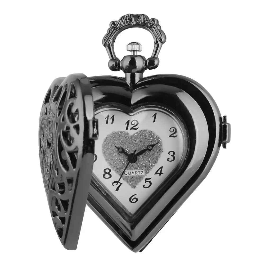 LOVE Heart Shape Quartz Pocket Watch Bronze/Silver/Black Necklace Pendant Chain Ladies Watch Best Souvenir Gifts for Girls Women