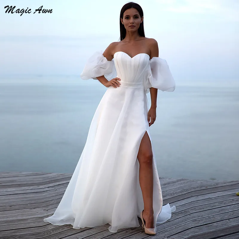 

Magic Awn Organza Beach Wedding Dresses Side Split Detachable Short Puffy Sleeves White Boho Bridal Gowns A-Line Vestido Novia