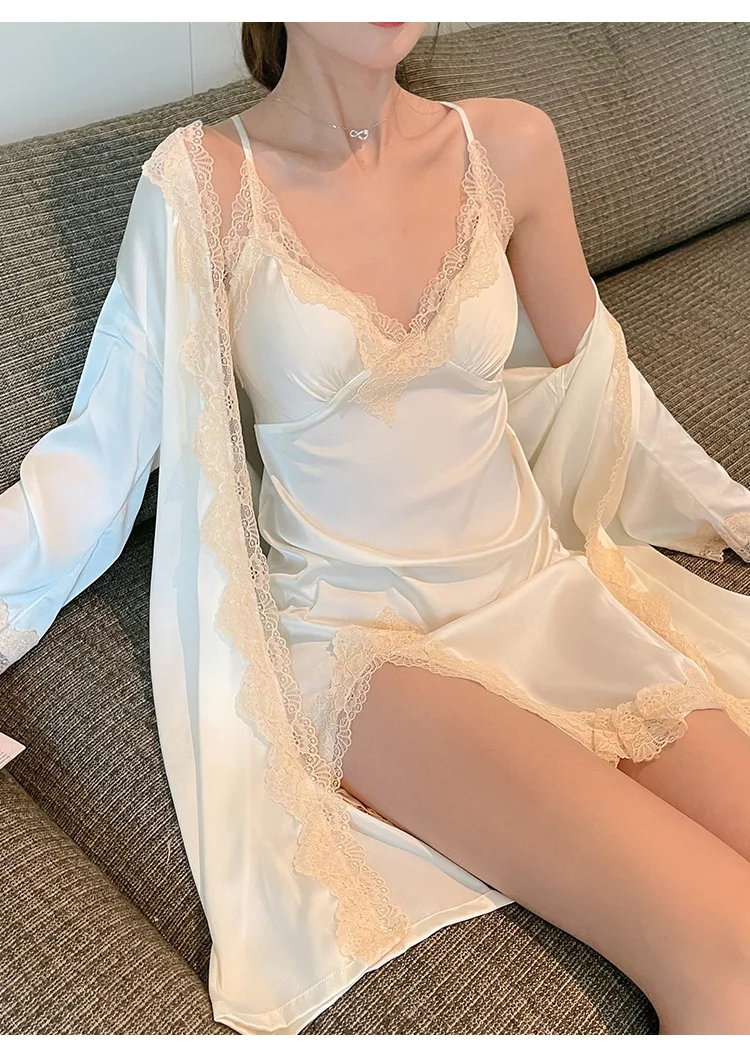 White Satin Wedding Robe Nightgown Set Sexy Lace Trim Women Sleepwear Intimate Lingerie Summer Loose Kimono Bathrobe Gown