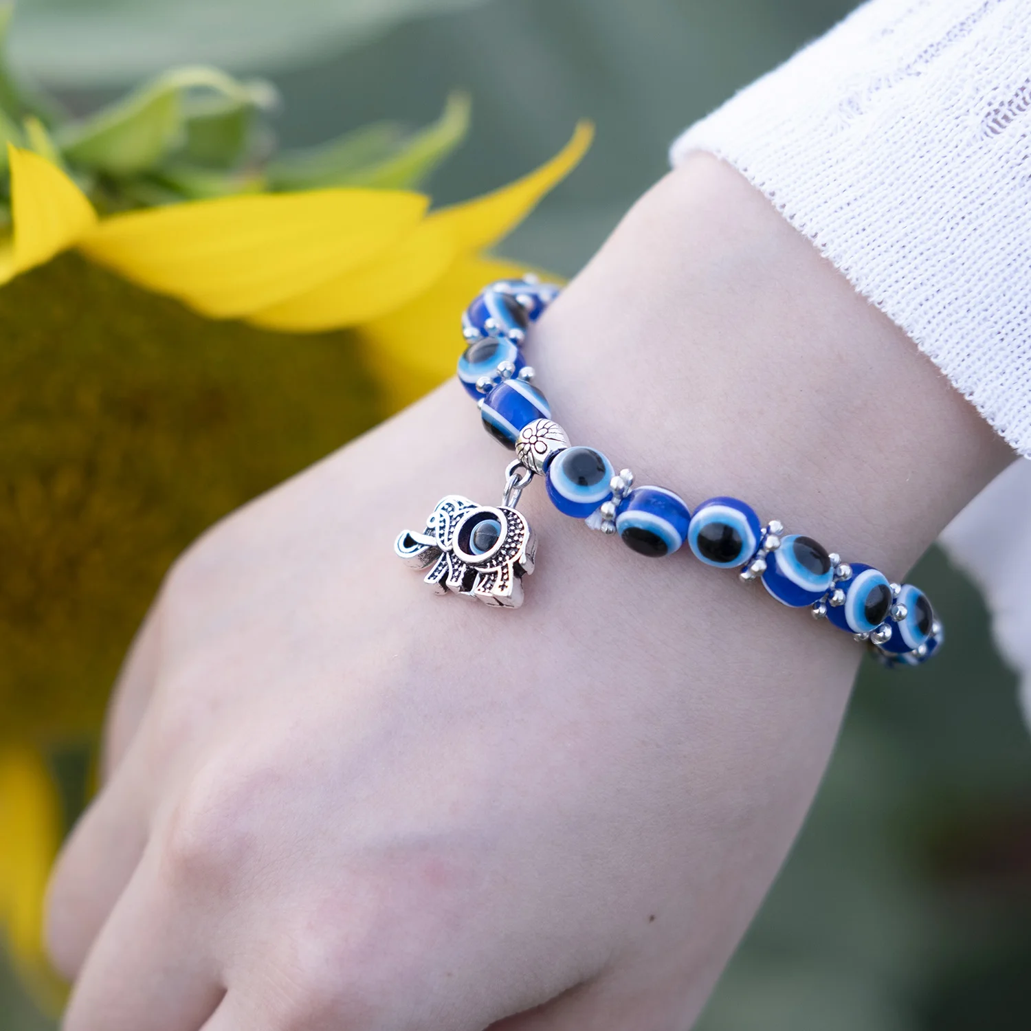 Fashion Elephant Blue Evil Eye Bracelets Lucky Resin Bracelets for Women Men Couple Charm Bracelet Handmade Jewelry Party Gifts