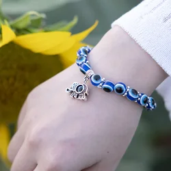 Fashion Elephant Blue Evil Eye Bracelets Lucky Resin Bracelets for Women Men Couple Charm Bracelet Handmade Jewelry Party Gifts
