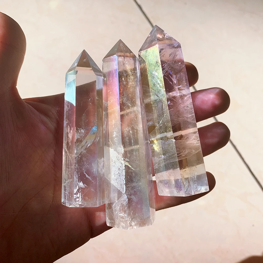 Natural Clear Quartz Electroplating Rainbow Crystal Point Wand Healing Crystals Column Crafts Fengshui Home Decoration Ornaments