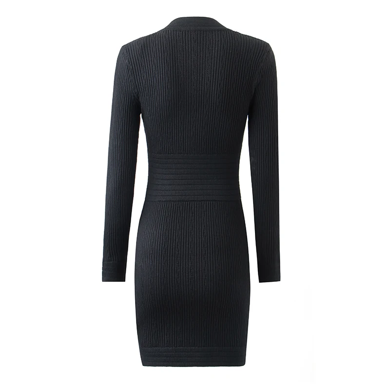 HarleyFashion New Autumn Designing Luxurious Long Sleeve V-neck 4 Colors Sheath Casual Knitted Mini Dress
