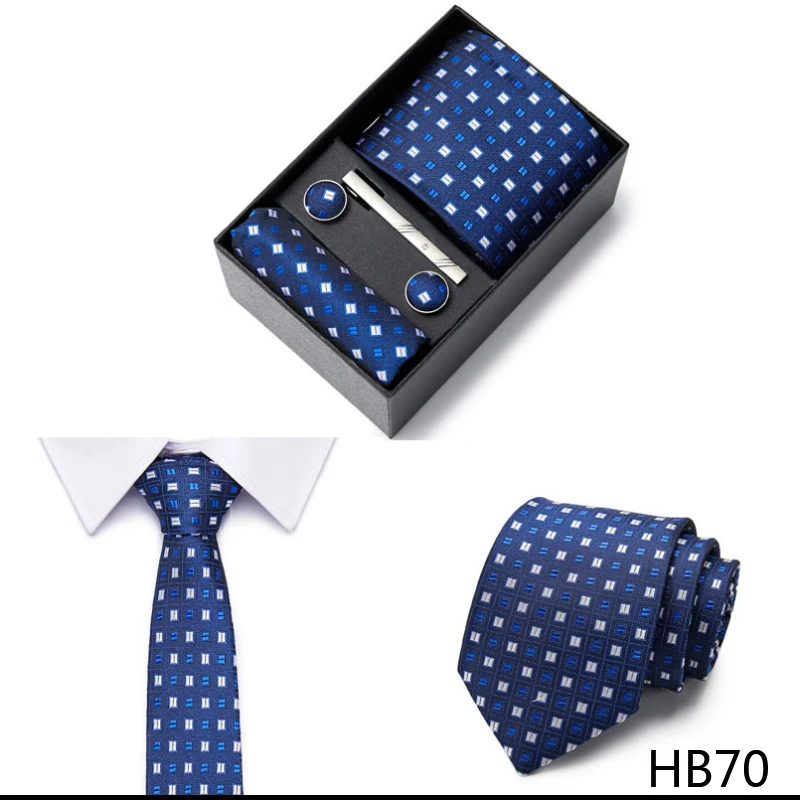 2023 neue Stil Hochzeit Geschenk Krawatte Für Männer Krawatte Box Anzug Zubehör Solide Blaue Krawatte Einstecktücher Manschettenknopf Set – Detail 32