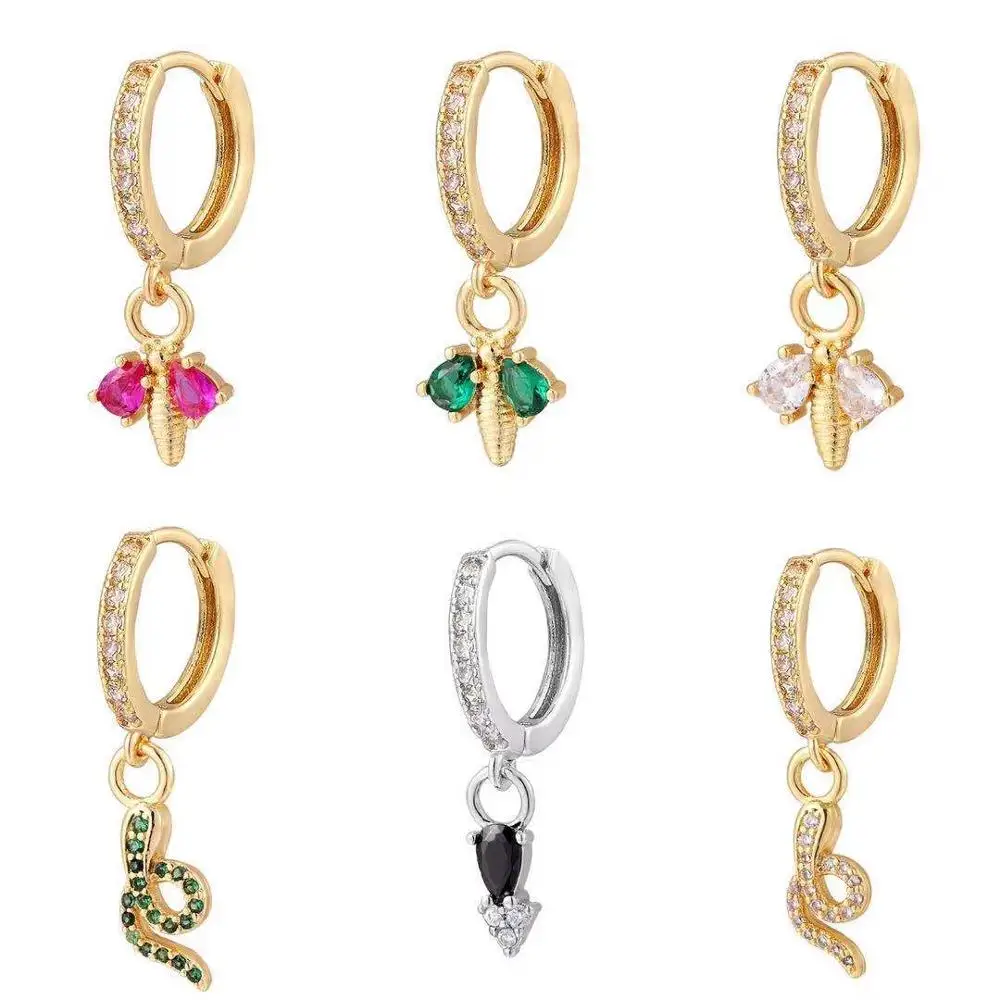 HECHENG,1pc, Huggie Hoop Earrings for women,Rainbow Black Crystal Zircon ,snake bee Hanging Prevent Allergy Earrings