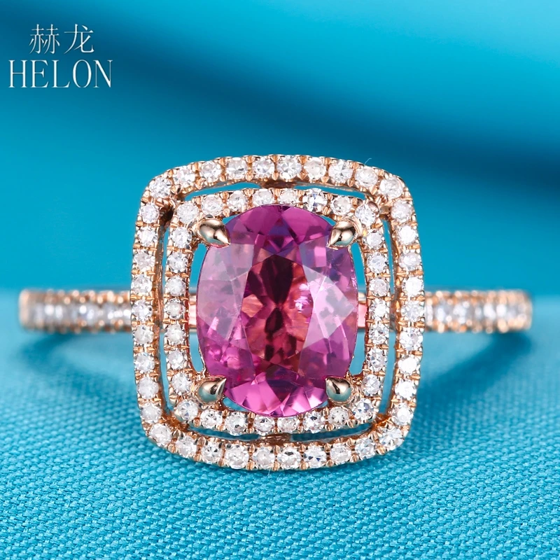 

HELON Solid 18K Rose Gold Flawless 6x7mm Oval Cut Genuine Tourmaline Diamonds Engagement Wedding Fine Jewelry Halo Diamonds Ring