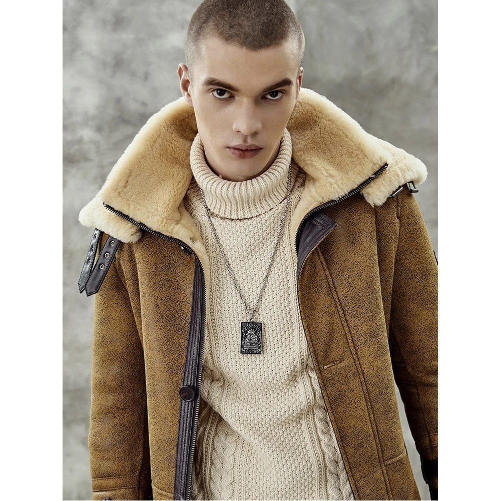 男性用デニー & ドラシャーリングボンバージャケット,ロングスタイルのレザージャケット,冬のコート,毛皮,ヴィンテージ,ブラウン,b7