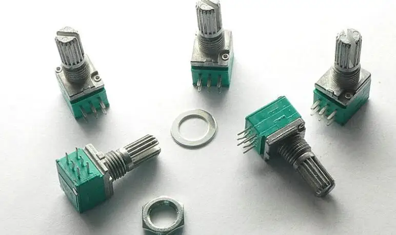 10pcs Type  B5K/10K/20K/50K/100K  ohm 6 Terminals Dual Linear Variable Potentiometer Green 15mm Shaft Length