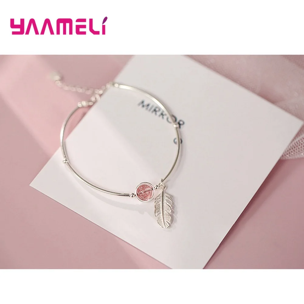 925 Sterling Silver Strawberry Quartz Crystal Feather Charm Bracelet Bangles Adjustable Cuff Braclets for Women Wedding Jewelry