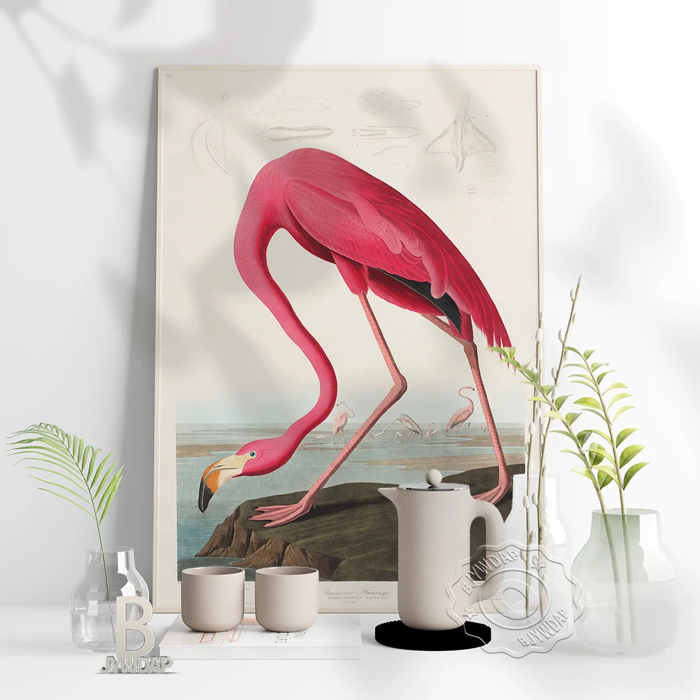 Nordic Retro Bird Poster, Pink Flamingo Wall Stickers, Scandinavian Style Wall Art Pictures Home Living Room Interior Decor Gift