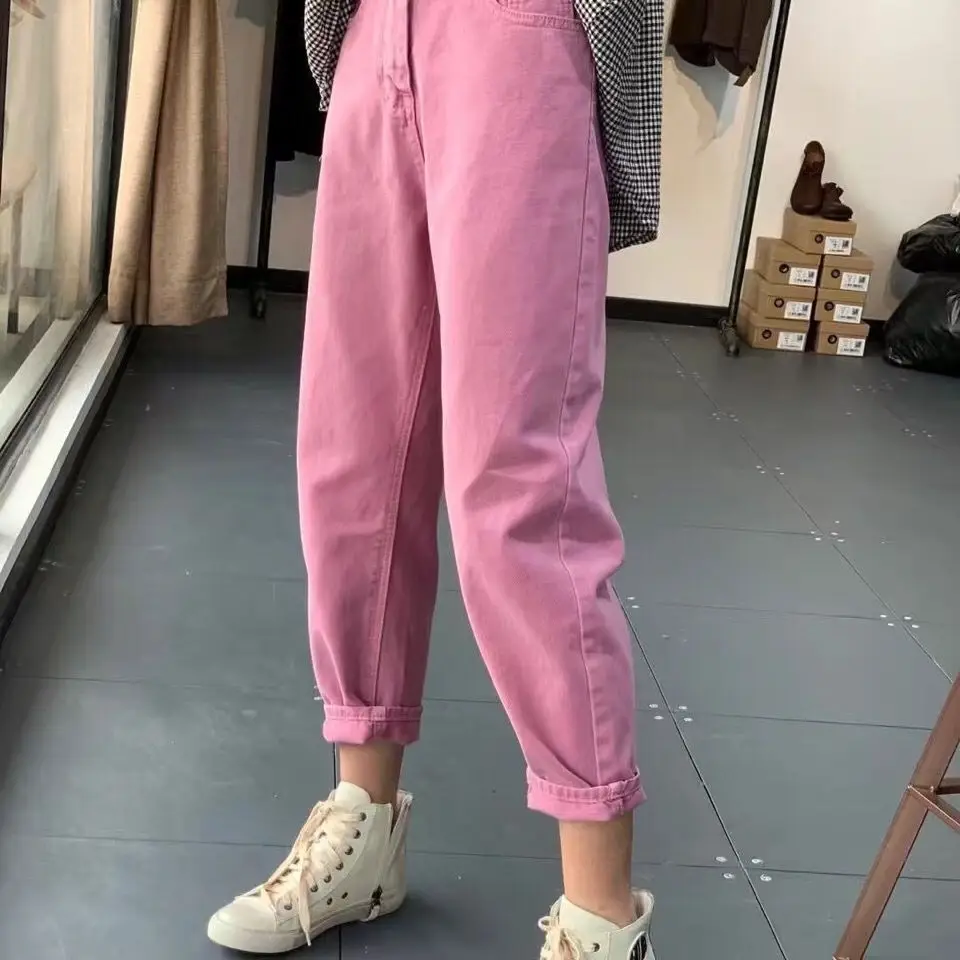 Spring Autumn Pink Woman Jeans Cotton Casual Straight Harem Pants Women's  Washed Trousers Loose Cropped Pants High Waist Jeans