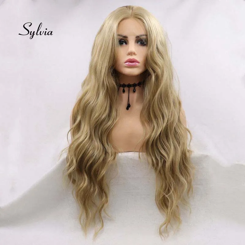 

Sylvia 24#Long Loose Wave Synthetic Lace Front Wigs For Women Lace Hair Heat Resistant Fiber Yellow Wig