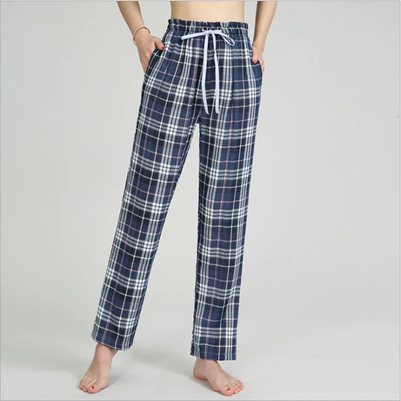 Spring Summer Women 100% Cotton Sleep Bottoms Female Plus Size Home Pants Lounge Wear Trousers Casual Plaid Pajama Pants