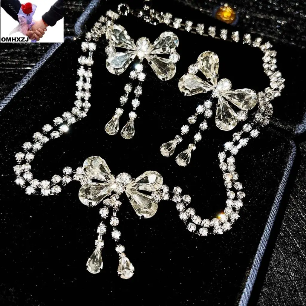 OMHXZJ EA967 Design sense zircon stitching chain tassel butterfly pendant clavicle chain bowknot earrings jewelry set