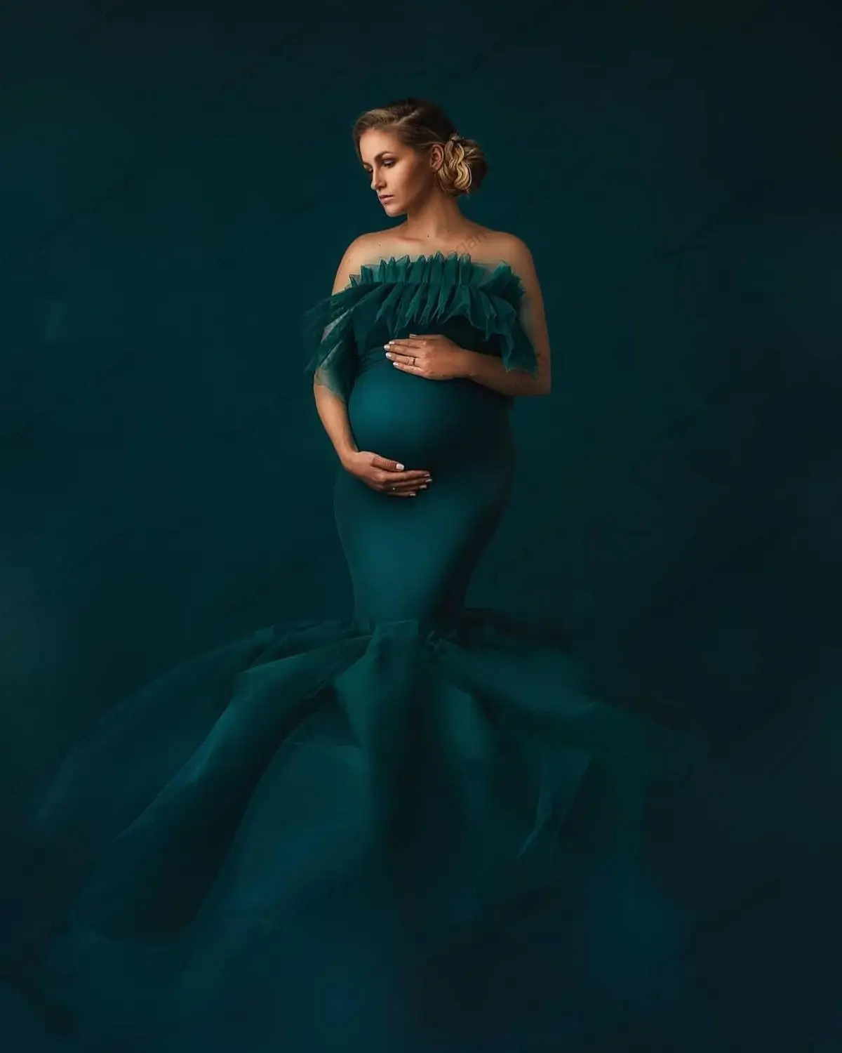 Teal Mermaid Bridal Maternity Dresses Strapless Sexy Ruffled Tulle With Train Custom Made Photography Dress Pregnancy