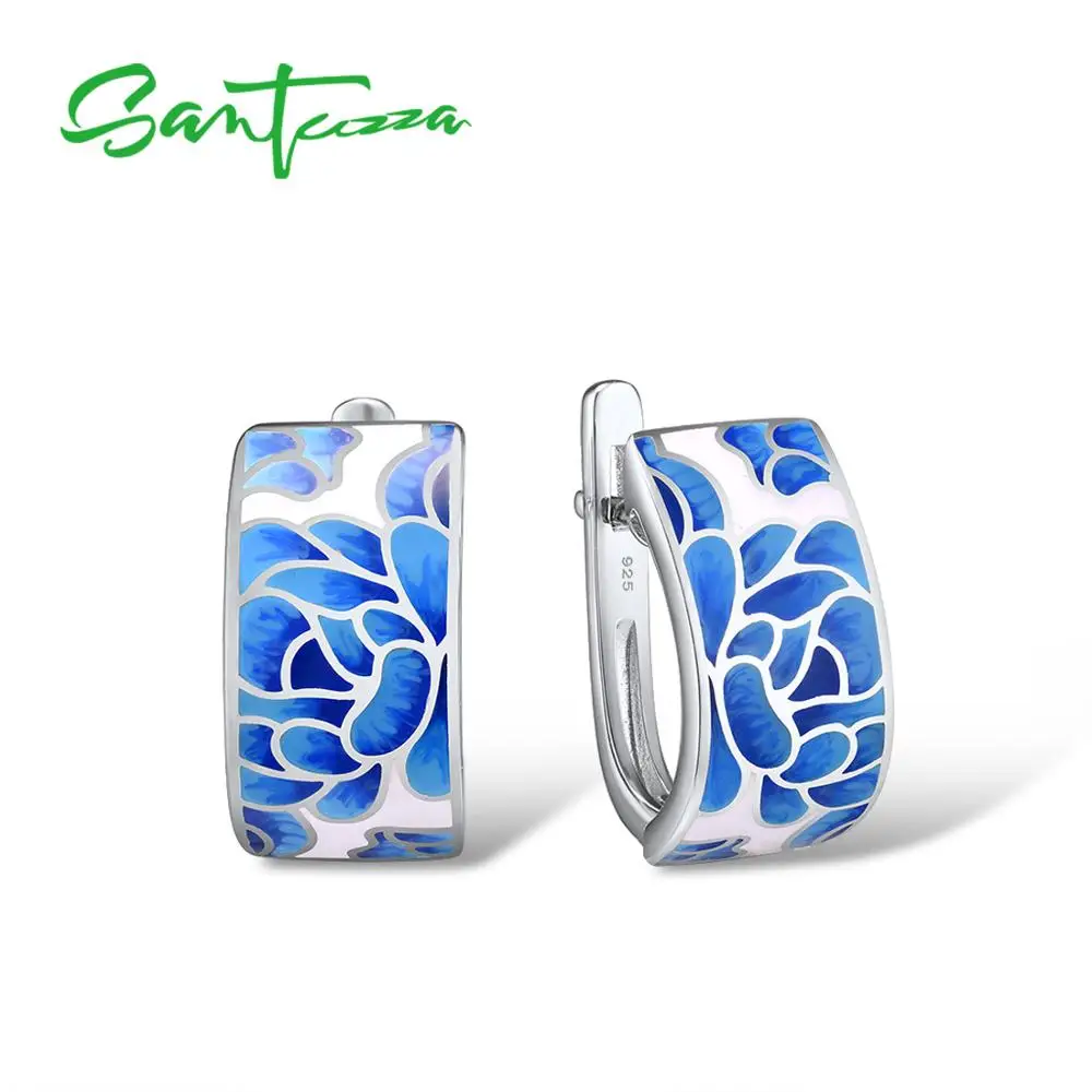 SANTUZZA Silver Jewelry Set for Women Pure 925 Sterling Silver Blue Flower Enamel Earrings Ring Set Trendy Fine Jewelry Handmade