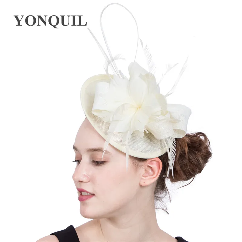 Women Wedding Party Beige Fascinator Hat Headband Feather Headwear Elegant Ladies Imitation Sinamay Millinery Hair accessories