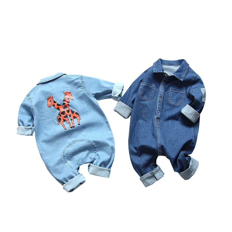 Spring Autumn Newborn Baby Hooded Romper Jumpsuit Long Sleeve Denim Blue Bodysuit with Pockets Outfits