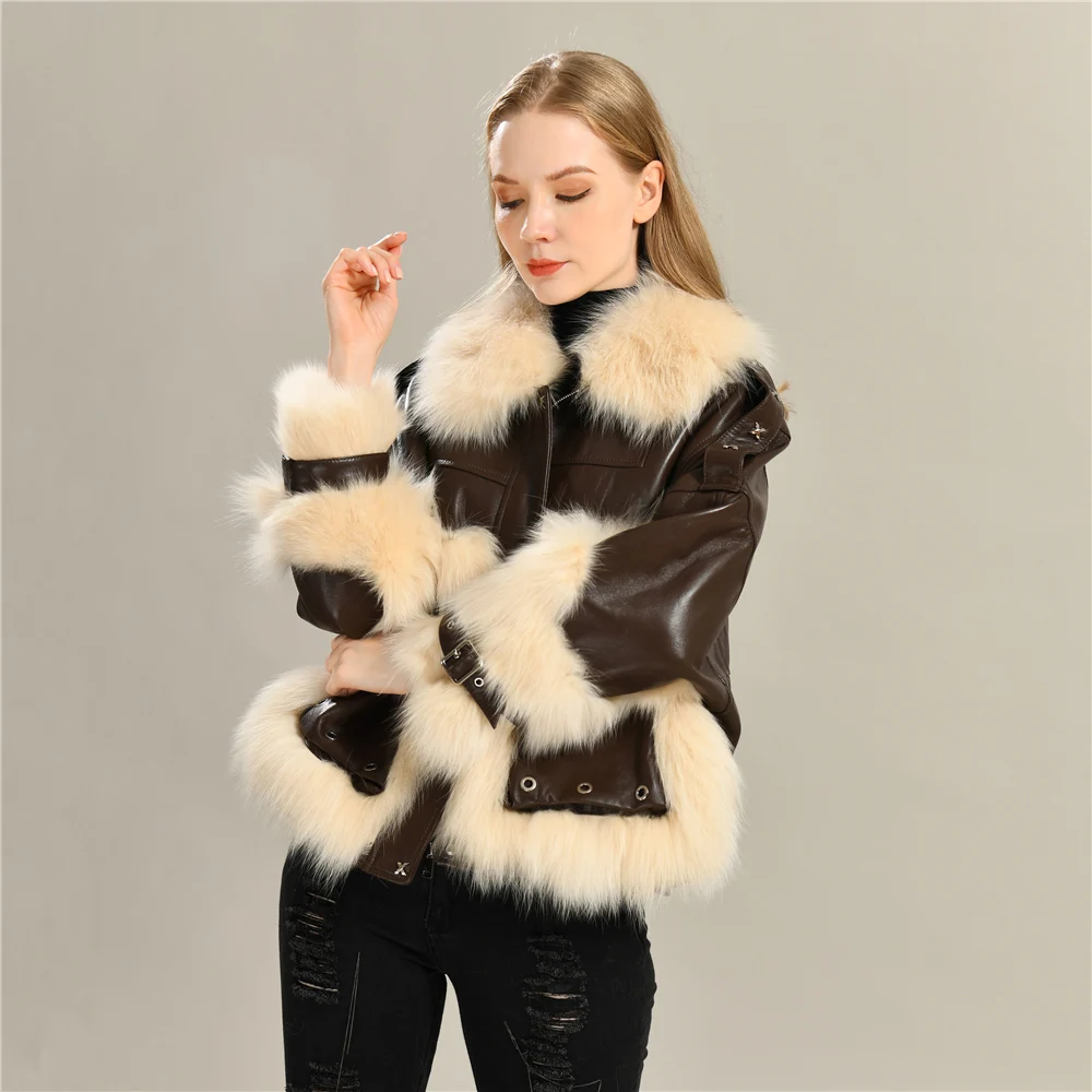 Jxwatcher Women's Winter Sheepskin Jacket 2022 New Style Ladies Soft Warm Leisure Fashion Real Fox Fur Coat Female