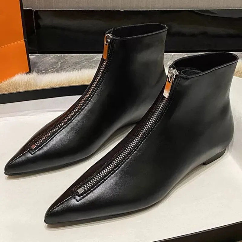2024 New Flats Sexy Women Pointed Toe Ankle Boots British Woman Footwear Female Shoes Wedge Boots New Zipper Design Short Boots