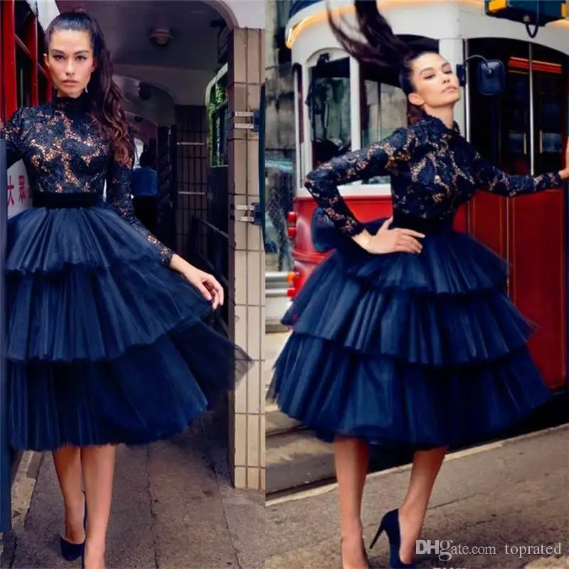 

Navy Blue Cocktail Dresses A-line Long Sleeves Tea Length Tulle Lace Tiered Elegant Party Homecoming Dresses