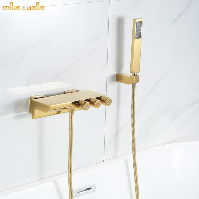 Gold Brass waterfall bathtub faucet shiny gold bath shower faucet hot and cold wall bath tap waterfall golden bath mixer kit