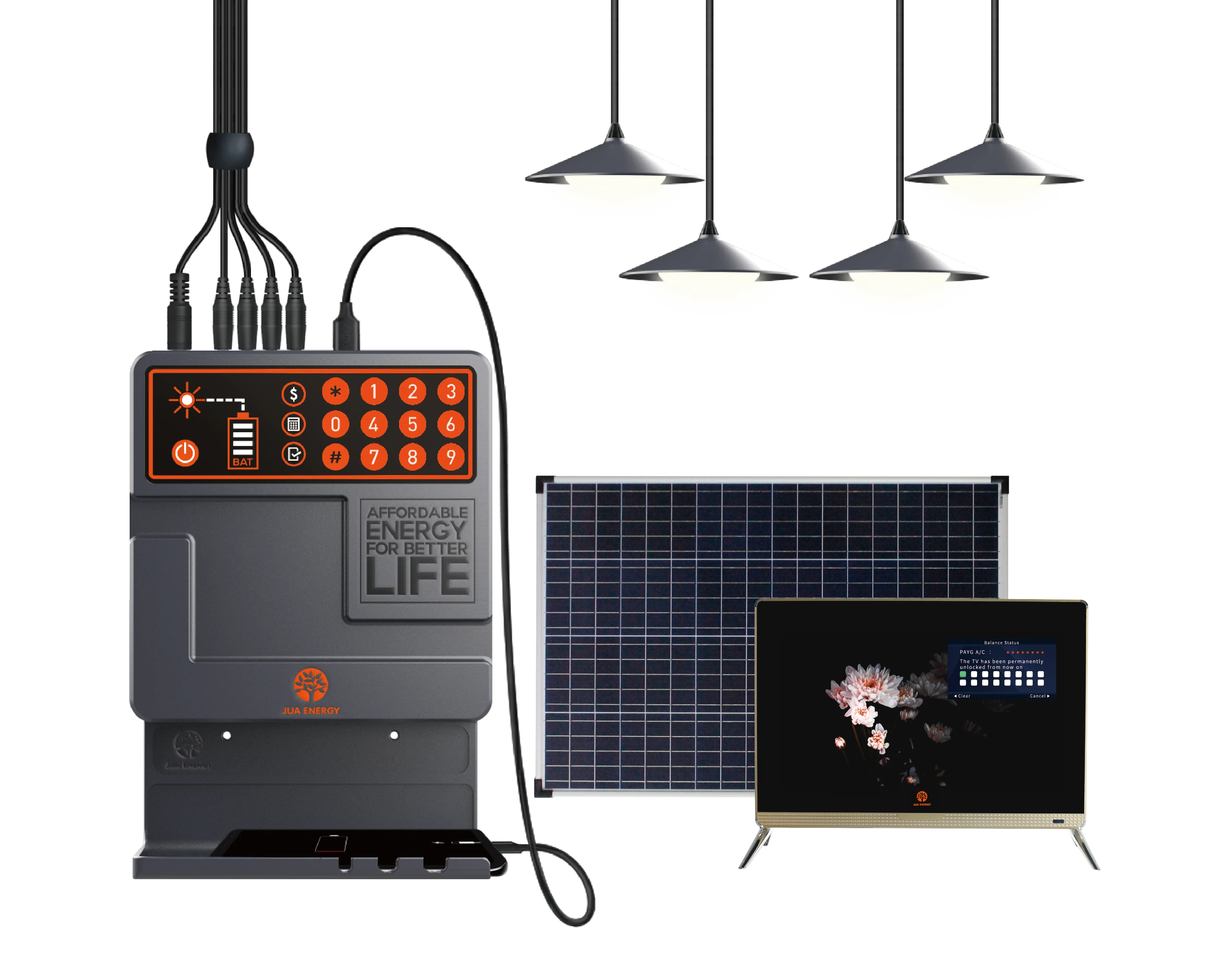 

JUA Energy LED Bulbs Solar Light Pay As You Go Solar Energy System Home Solar Power System with 19 Inch TV for Home