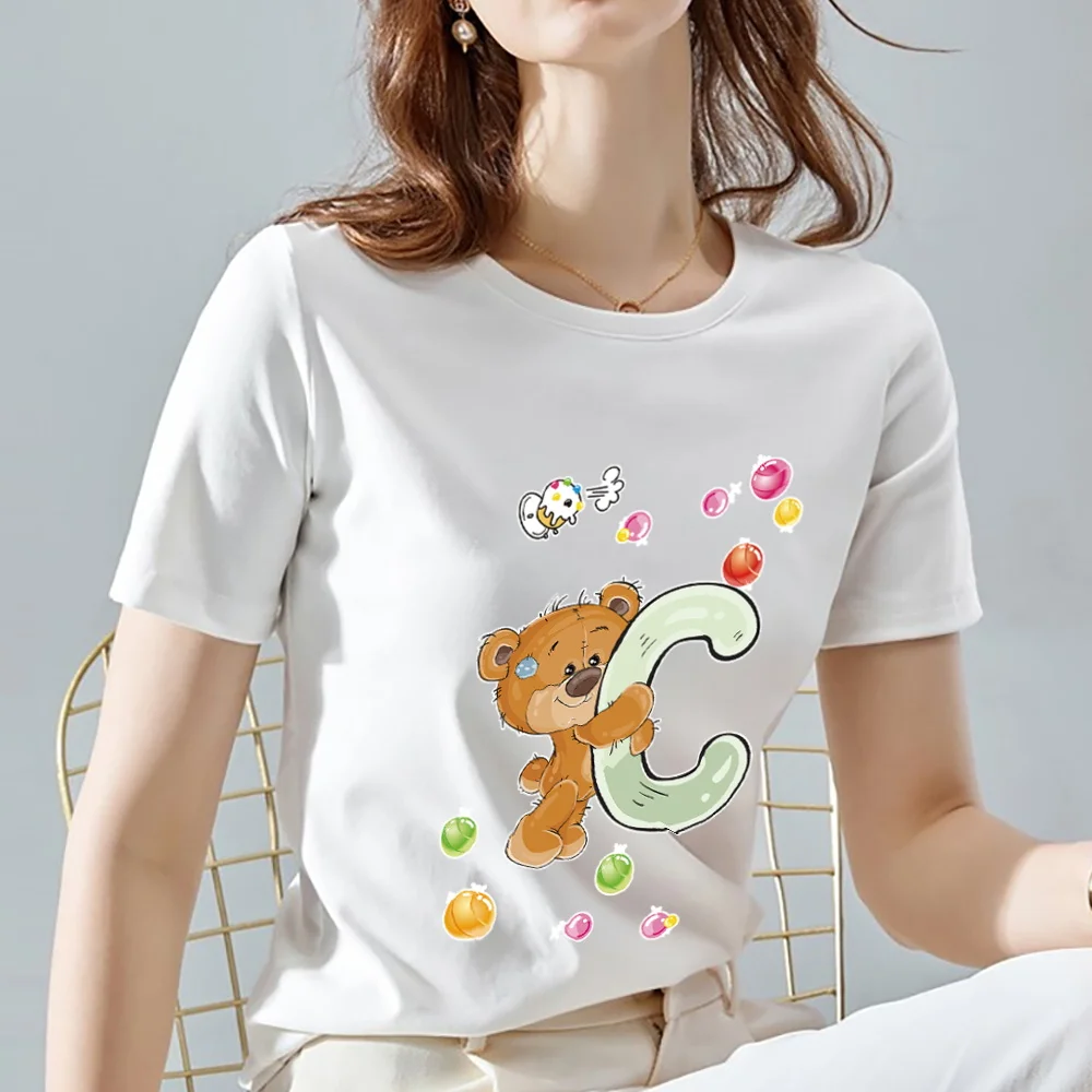 Classic T-shirt Women's Casual Slim Top Hot Sale 26 English B Letter Bear Pattern Print White Series O-Neck Ladies Commuter Top