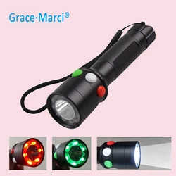 GM Powerful 3w LED Flashlight Tricolor Train Signal Q5 LED Torch Light 3-Mode Light With Red White Green Use 18650 Battery