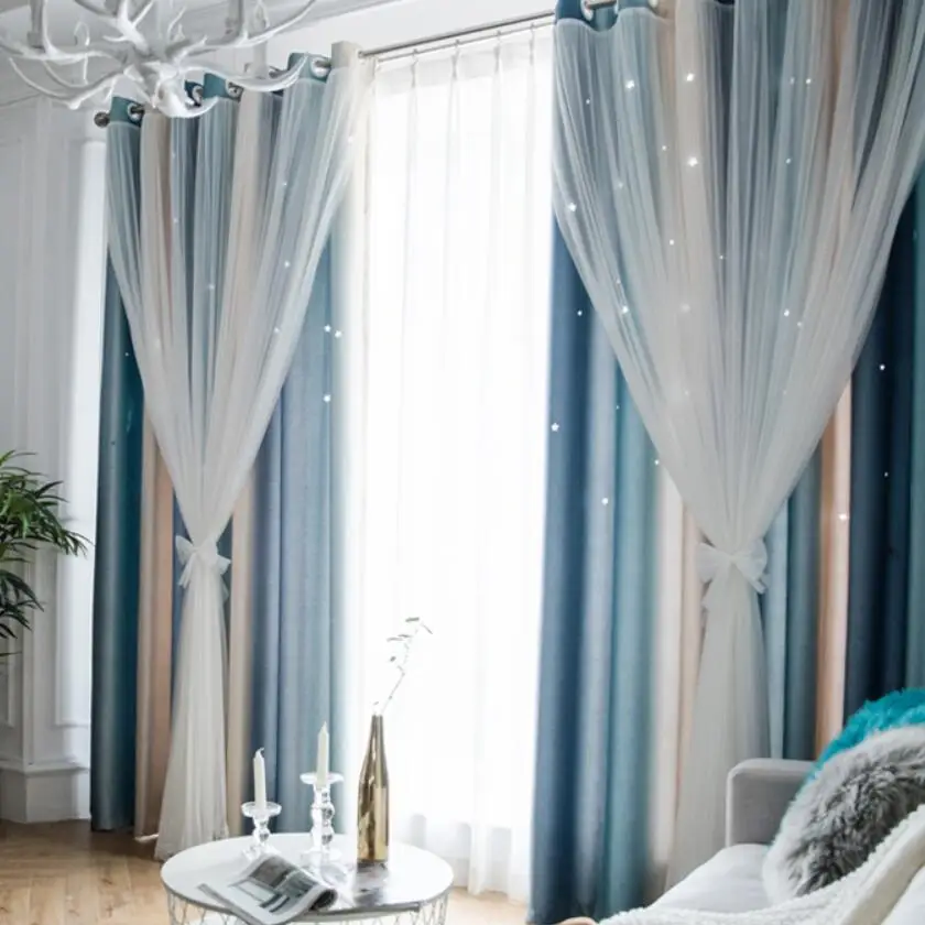 Color Stripe Curtain Window Curtain High Black Out Nordic Multi Double Layer Tulle + Black Out With Star Tassel for Living Room