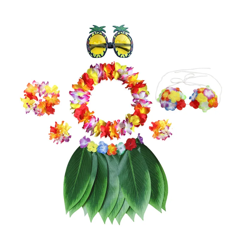 Kid Adult hawajskie sztuczne tropikalne liście spódnica w kwiaty Hula Boho spódnice do tańca Party hawaje spódnica z trawy Beach Holiday Costume