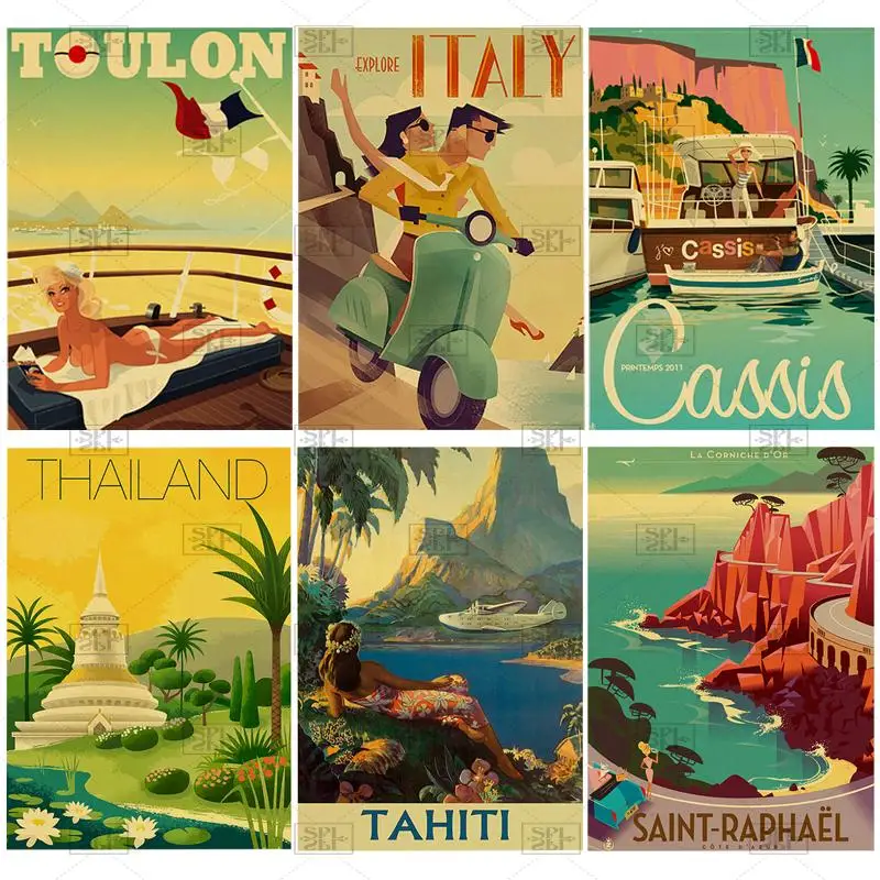 

Travel Cities Plaque Metal Signs Vintage Poster Italy Japan Thailand Tahiti Landscape Retro Plate Art Painting Home Bar Pub Club