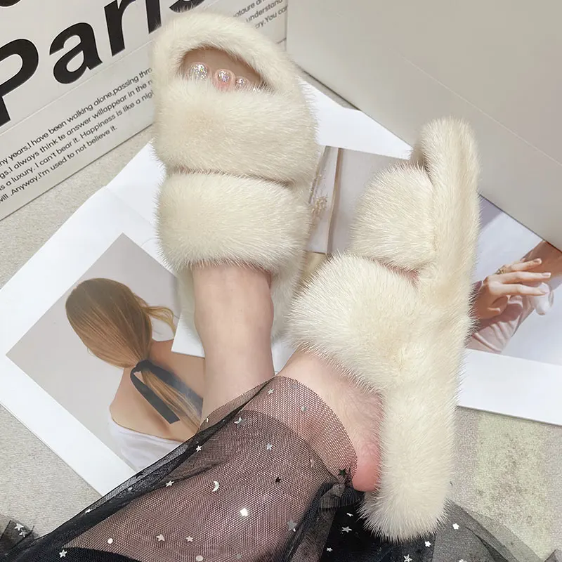 Designer Woman Flat New Slippers Real Mink Fur Slippers Women\'s Shoes Casual Comfort Non Slip Slippers Women\'s Shoes Summer