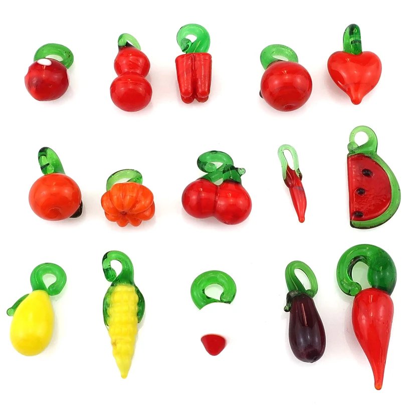 15Pcs/Lot Glass Assorted Red Hot Chili Pepper Vegetables Charms кулон Fruit Strawberry Watermelon Pendant For Necklaces Jewelry