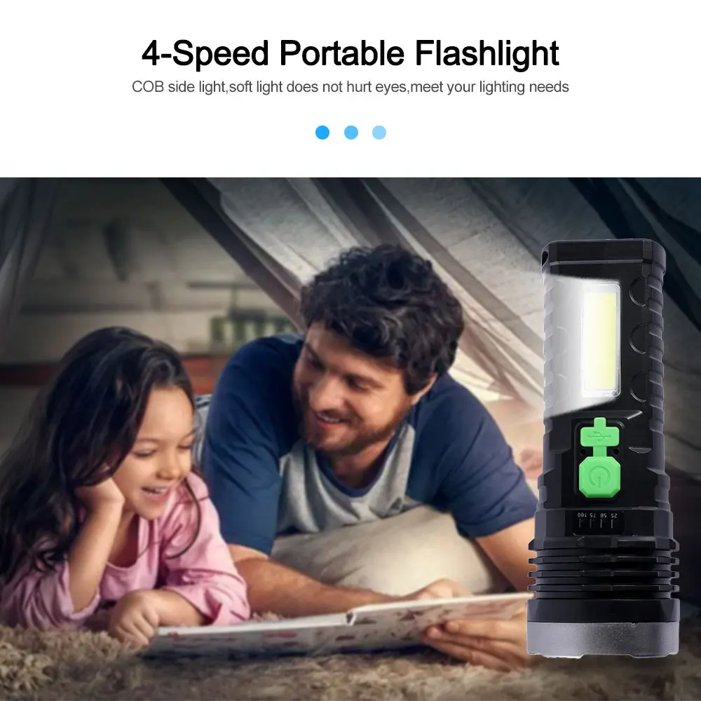 Solar USB Rechargeable LED Flashlight COB Side Light 4 Gears Strong Light 1200mah  Power Display Waterproof Outdoor Lantern