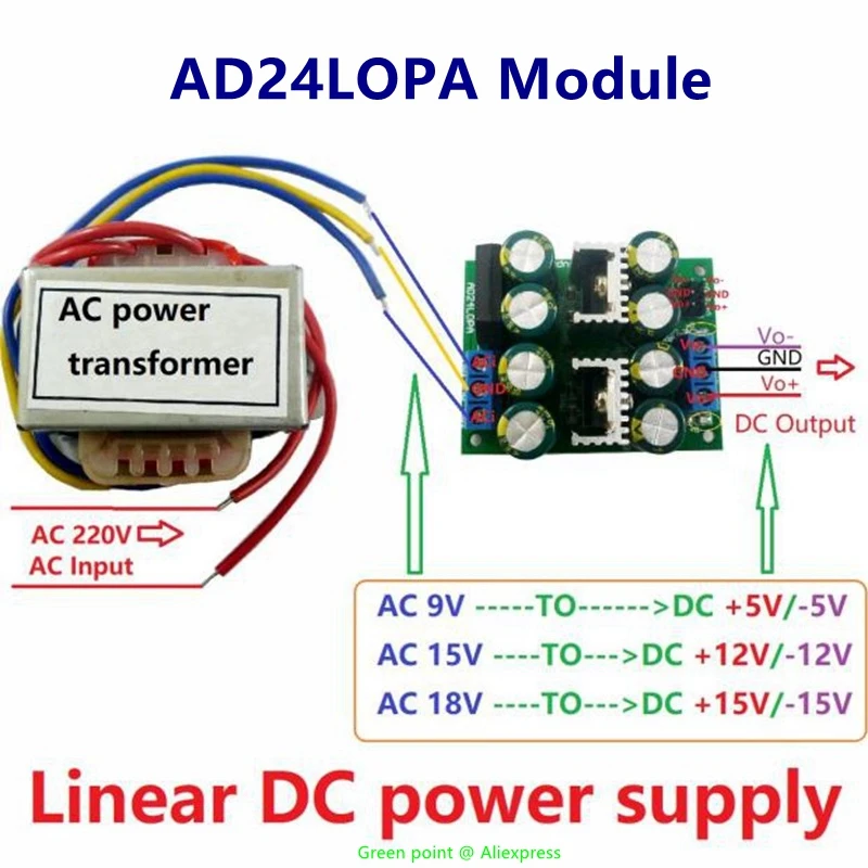 

2023 AD24LOPA Module 12W AC 220V To Dual DC +-5V/12V/15V AC-DC Low Noise Linear Power Supply Kit For Speaker ADC Power Amplifier
